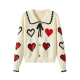 Women's Cream Peter Pan Collar Cardigan with Red Heart Print