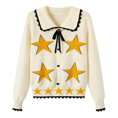 Retro Yellow Star Print Collared Knit Cardigan
