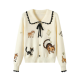 Women's Cream Peter Pan Collar Cardigan with Cat Print