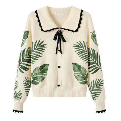 Tropical Green Leaf Print Cream Collared Cardigan