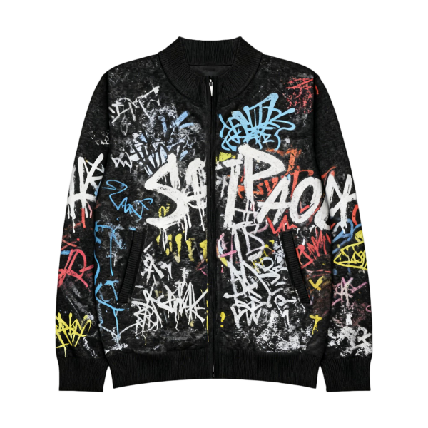 Men's Black Bomber Jacket with Colorful Graffiti Print
