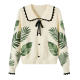 Tropical Green Leaf Print Cream Collared Cardigan