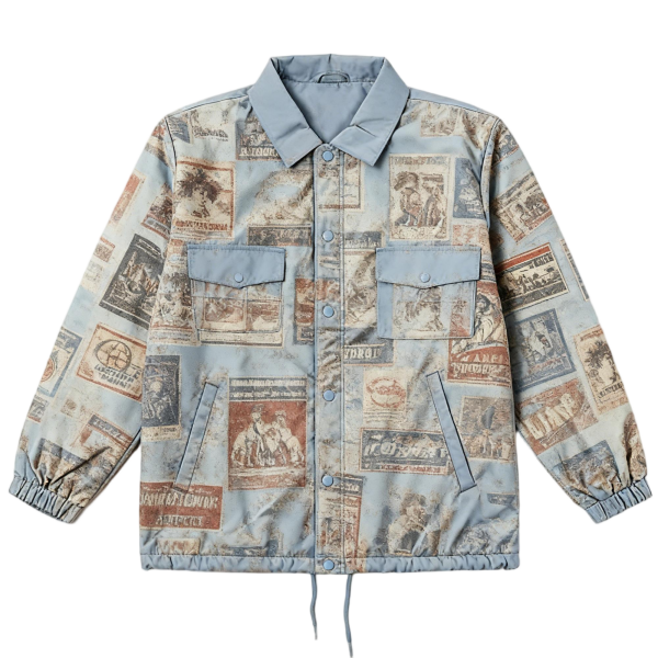 Light Blue Collared Jacket with Vintage Stamp Print