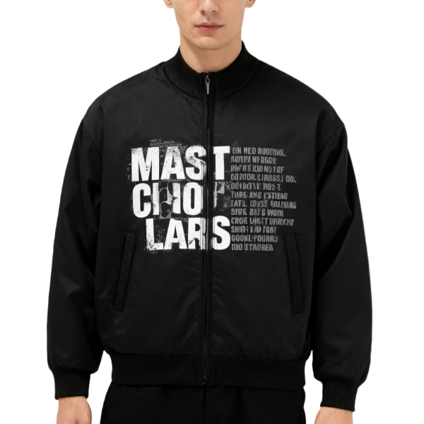 Men's Black Bomber Jacket with All-Over Text Print