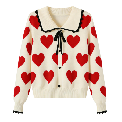 Cream Collared Cardigan with Red Heart All-Over Print