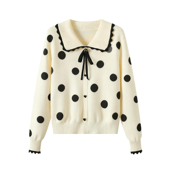 Women's Cream Peter Pan Collar Cardigan with Black Polka Dot Print